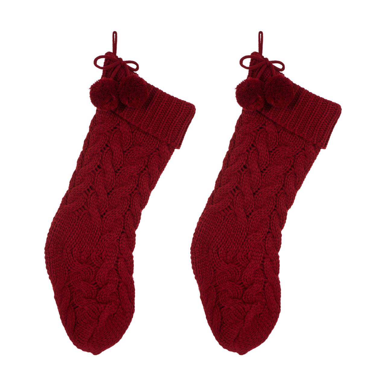 Glitzhome® 24" Red Knitted Polyester Christmas Stocking with Pom Pom, 2ct.